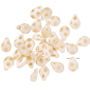 Bead, Preciosa Pip™, Czech pressed glass, opaque white and yellow, 7x5mm top-drilled pip with dots. Sold per pkg of 30.