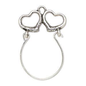 Focal, antique silver-finished "pewter" (zinc-based alloy) and steel, 36x23mm single-sided charm holder with 24x9mm hearts. Sold per pkg of 2.