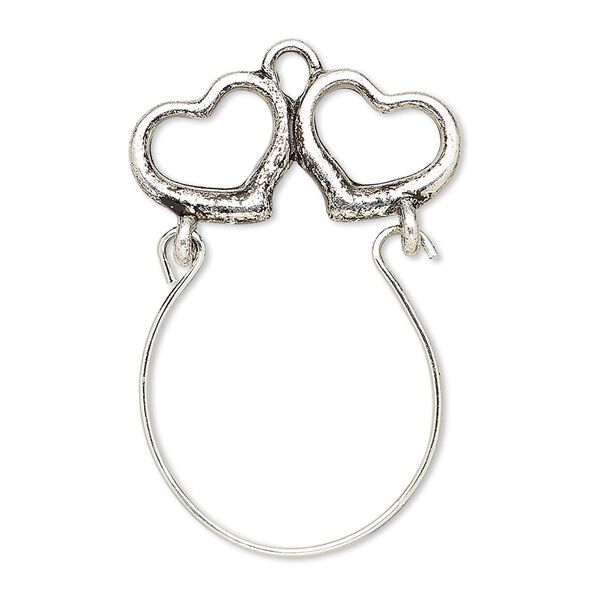 Focal, antique silver-finished "pewter" (zinc-based alloy) and steel, 36x23mm single-sided charm holder with 24x9mm hearts. Sold per pkg of 2. image number 0