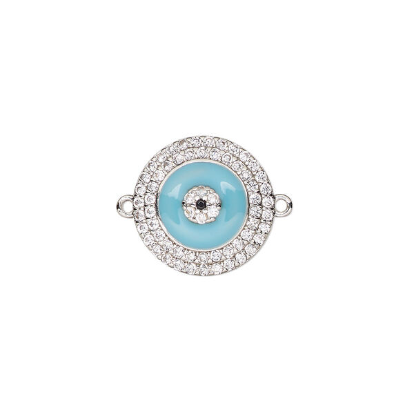 Link, silver-finished brass / cubic zirconia / enamel, clear and blue, 15mm single-sided round. Sold individually. image number 0