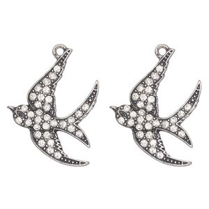 Focal, antique silver-finished "pewter" (zinc-based alloy) and glass, clear and black, 32x26mm single-sided sparrow. Sold per pkg of 2.