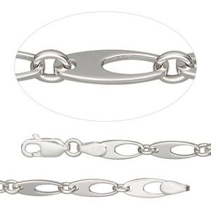Chain 1pkg1 sterling silver oval, 4mm go-go / lobster claw clasp 7.5 inch