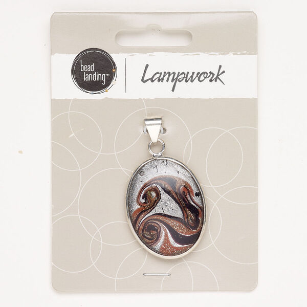 Pendant brass lampworked glass 1pk 34x27mm-35x27mm oval, silver finish black copper-colored glitter image number 0