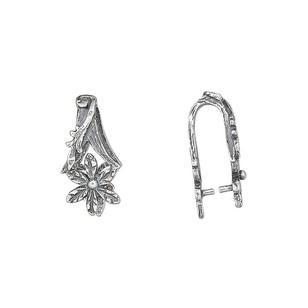 Bail, JBB Findings, ice-pick, antiqued sterling silver, 17x8mm flower, 11mm grip length. Sold individually. image number 0
