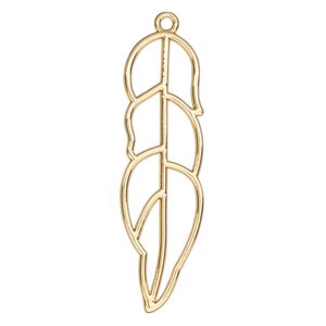 Component, resin frame, gold-finished "pewter" (zinc-based alloy), 58x17mm open feather. Sold per pkg of 2.