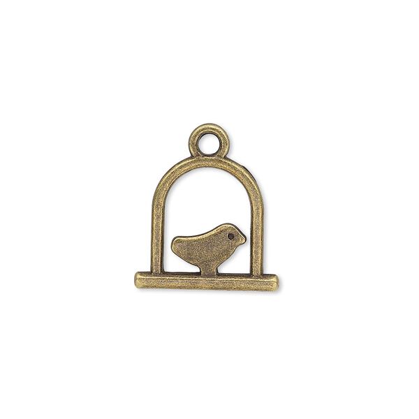 Charm, antique brass-plated "pewter" (zinc-based alloy), 15x14mm double-sided bird on swing. Sold per pkg of 20. image number 0