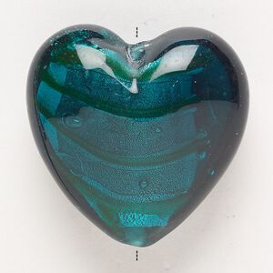 Bead, lampworked glass, pkg/1, opaque and translucent teal with silver-colored foil and copper-colored glitter, 36x35mm puffed heart.