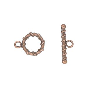 Clasp toggle 1pkg20 copper-plated "pewter" (zinc alloy), 11mm double-sided round, antique 1-strand