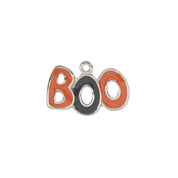Charm, silver-plated "pewter" (zinc-based alloy) and enamel, black and orange, 20x12mm single-sided "BOO." Sold individually. image number 0