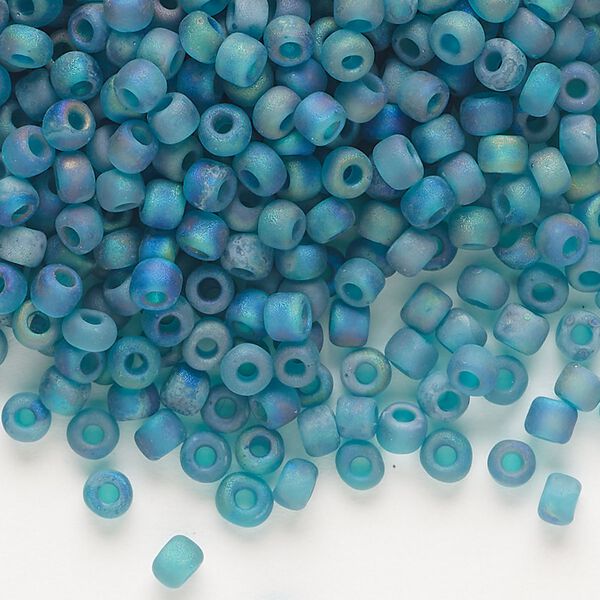 Seed bead, Dyna-Mites™, glass, transparent frosted rainbow emerald green, #6 round. Sold per 40-gram pkg. image number 0