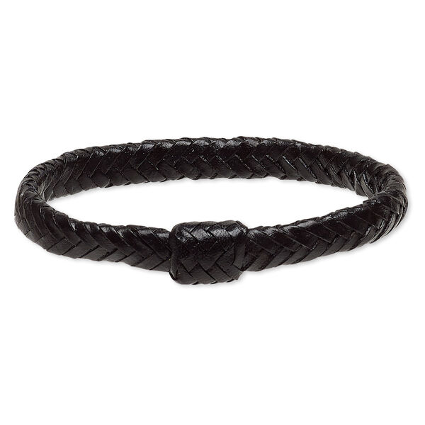 Bracelet, bangle, leather (dyed), black, 15mm wide with braided design, 7-1/2 inches. Sold individually. image number 0