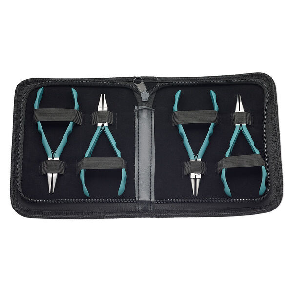 Pliers set, Wubbers® ProLine, steel and rubber, pkg/set of 4, chain-nose / round-nose / bent chain-nose / flat-nose, turquoise green and black, 5.75 inches. image number 0