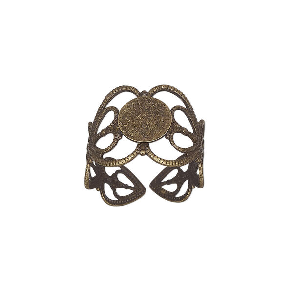 Ring, antique brass, 14mm wide with double heart and 8mm round flat pad setting, adjustable from size 7-9. Sold per pkg of 8. image number 0