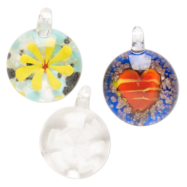Random focal mix, lampworked glass, pkg/3, opaque to transparent mixed colors with silver-colored foil and copper-colored glitter, 18-27mm domed round. image number 0