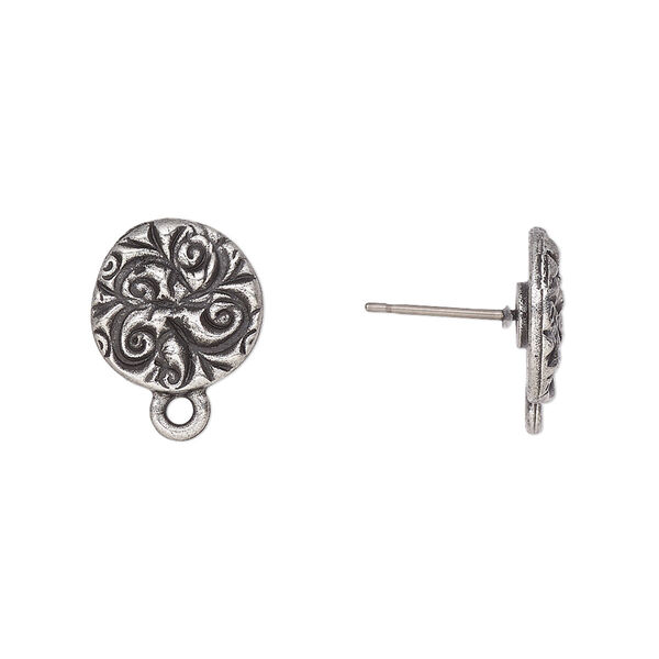 Earstud, TierraCast®, "Vida Mas Dulce" collection, antiqued pewter (tin-based alloy), 15mm round with jardin design and closed loop. Sold per pkg of 5 pairs. image number 0