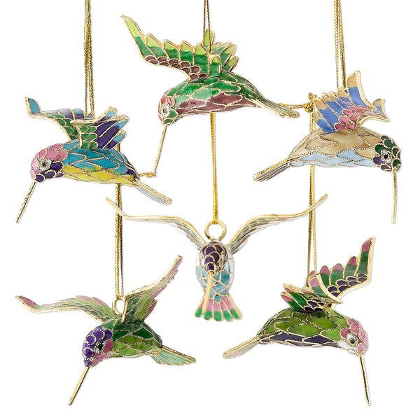 Ornament, cloisonné, enamel and gold-finished brass, multicolored, 2-3/4 x 2-1/2 x 1-1/2 inch hummingbird. Sold per set of 6. image number 0