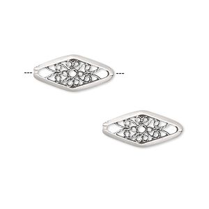 Link, sterling silver, 16x7mm filigree diamond. Sold per pkg of 2.
