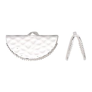 Ribbon crimp end, silver-finished brass, 25x12mm hammered fan. Sold per pkg of 10.