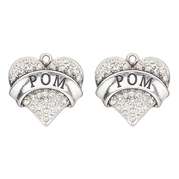 Charm, antique silver-finished "pewter" (zinc-based alloy) and glass, clear, 25x23mm single-sided heart with "pom". Sold per pkg of 2. image number 0