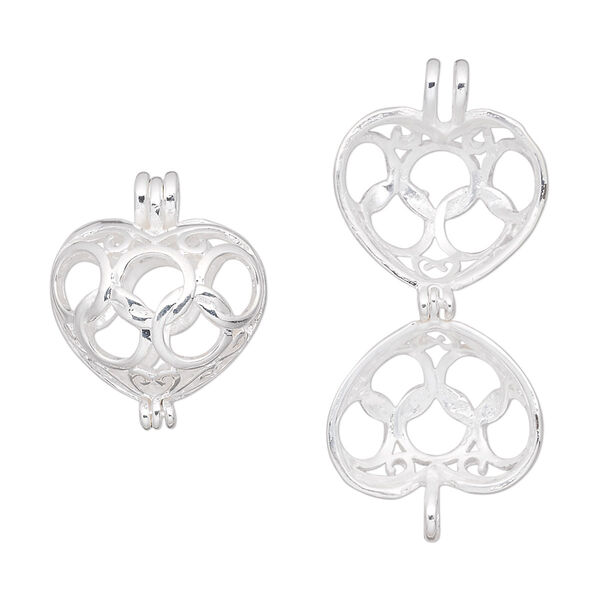 Drop, silver-finished brass, 16x13mm puffed heart bead cage. Sold individually. image number 0