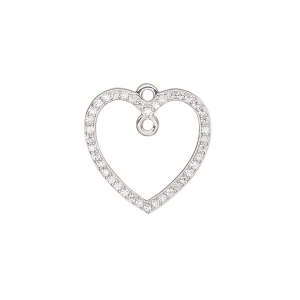 Charm, cubic zirconia and rhodium-plated sterling silver, clear, 18.5mm single-sided open heart with loop. Sold individually. image number 0