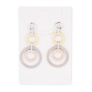 Earring, stainless steel with gold-finished and copper-plated stainless steel, 2 inches with rings and stardust rings with post. Sold per pair.