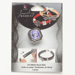 Slider bead 1pkg1, antique silver-finished brass and acrylic, purple, 19mm fancy square with scroll.