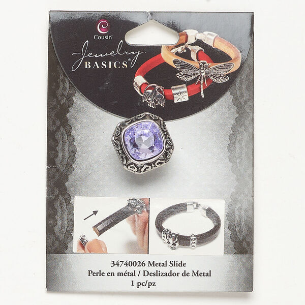 Slider bead 1pkg1, antique silver-finished brass and acrylic, purple, 19mm fancy square with scroll. image number 0
