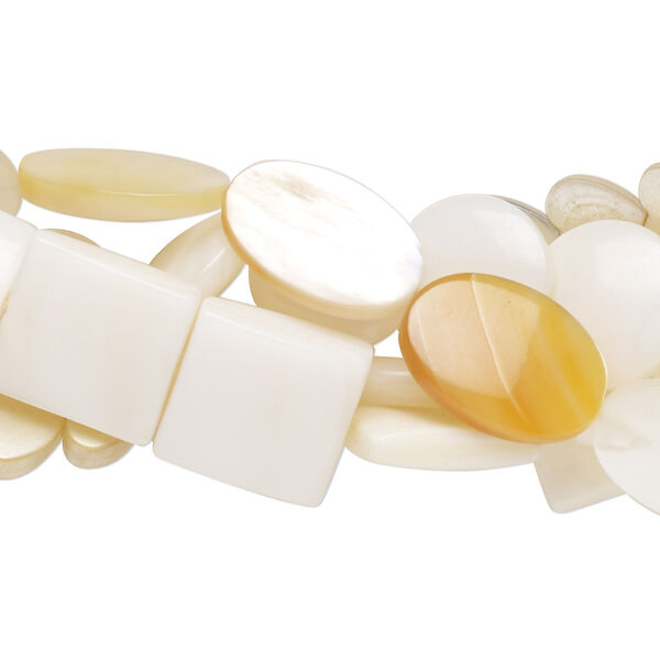 Bead mix, mother-of-pearl shell and gold lip shell (natural / bleached), 7x3mm-14x12mm center- and lentil-drilled mixed shapes, 3-1/2 Mohs hardness. Sold per pkg of (5) 14-16 inch strands. image number 0