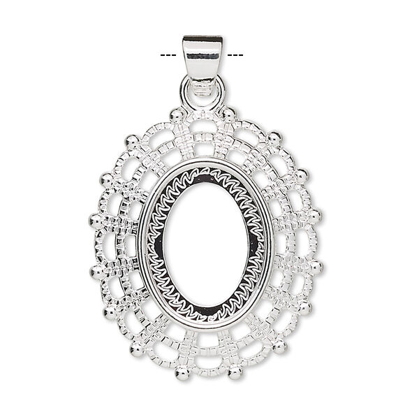 Pendant, silver-plated "pewter" (zinc-based alloy), 28.5x24.5mm fancy oval with 16x12mm oval setting. Sold per pkg of 4. image number 0