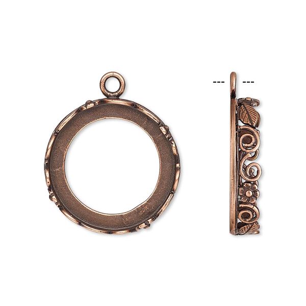 Drop, JBB Findings, antique copper-plated brass, 20mm round with open back and flower and leaf design trim, 18mm round bezel setting. Sold per pkg of 2. image number 0