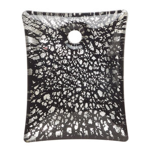 Focal, lampworked glass 1pkg1, opaque black with silver-colored foil, 45x36mm top-drilled single-sided rectangle.
