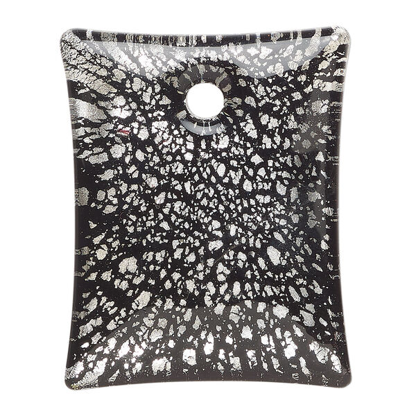Focal, lampworked glass 1pkg1, opaque black with silver-colored foil, 45x36mm top-drilled single-sided rectangle. image number 0