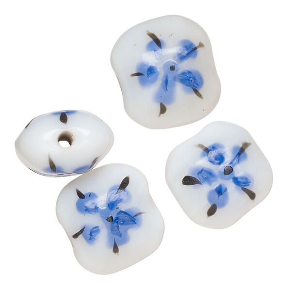 Bead, lampworked glass, opaque white / black / blue, 17-16mm-14x13mm puffed rectangle with double-sided painted flower design. Sold per pkg of 4. image number 0