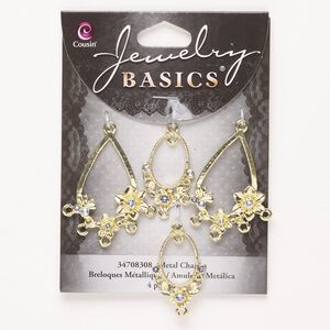 Drop, brass and glass, pkg/4, gold finish and clear, 26x18mm oval and 35x25mm teardrop.