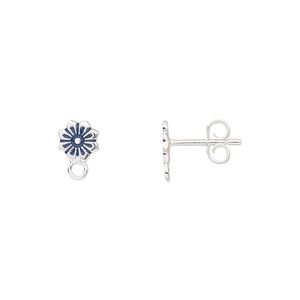 Earstud 1pkg2 sterling silver, 6.5x6mm flower / closed loop / earnuts, enamel blue 1 pair