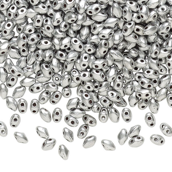 Bead, Preciosa Mini Twin™, Mini Pressed Twin, Czech pressed glass, opaque silver, 4x2.5mm oval with (2) 0.7mm holes. Sold per 250-gram pkg. image number 0