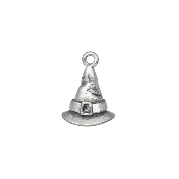 Charm, pewter (tin-based alloy), pkg/1, antiqued, 15x12mm witch/wizard hat with buckle. image number 0