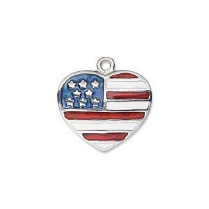 Charm, enamel and silver-plated "pewter" (zinc-based alloy), red / white / blue, 20x17mm single-sided heart with USA flag design. Sold individually.