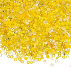 Seed bead mix, glass, 1pkg25g, #15 to #11 round, opaque and translucent multi-yellow