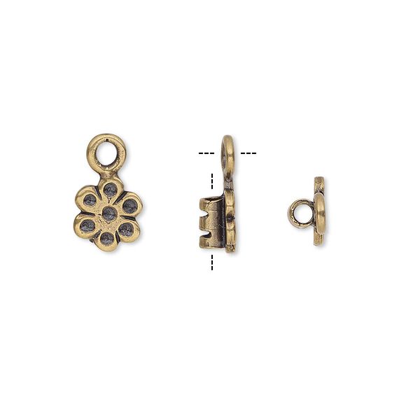 Crimp end, antiqued brass, 8x7mm flower with loop, 2mm inside diameter. Sold per pkg of 2. image number 0