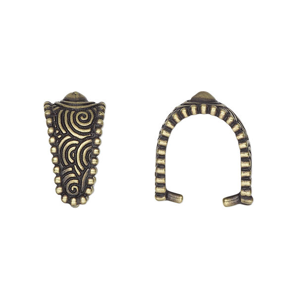 Bail, TierraCast®, ice-pick, antique brass-plated pewter (tin-based alloy), 17x9mm with swirl design and beaded border, 12mm grip length. Sold per pkg of 2. image number 0