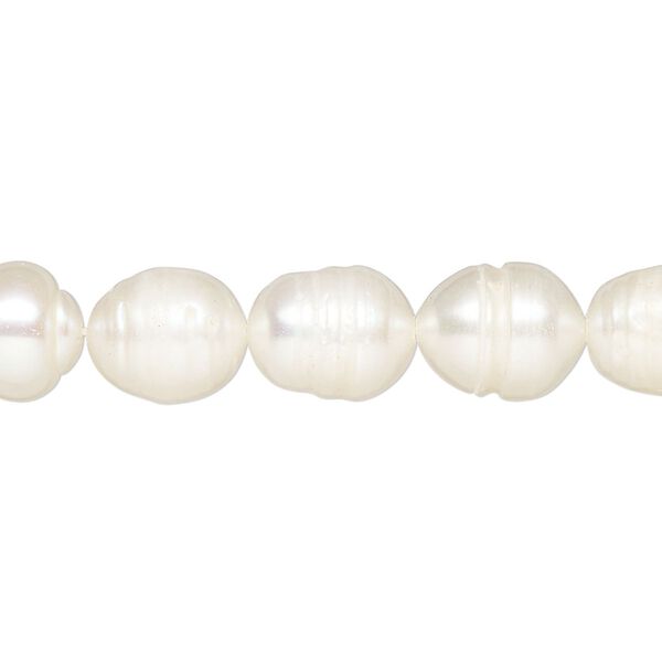 Pearl, cultured freshwater (bleached), white, 8.5-10mm rice, D grade, Mohs hardness 2-1/2 to 4. Sold per 16-inch strand. image number 0