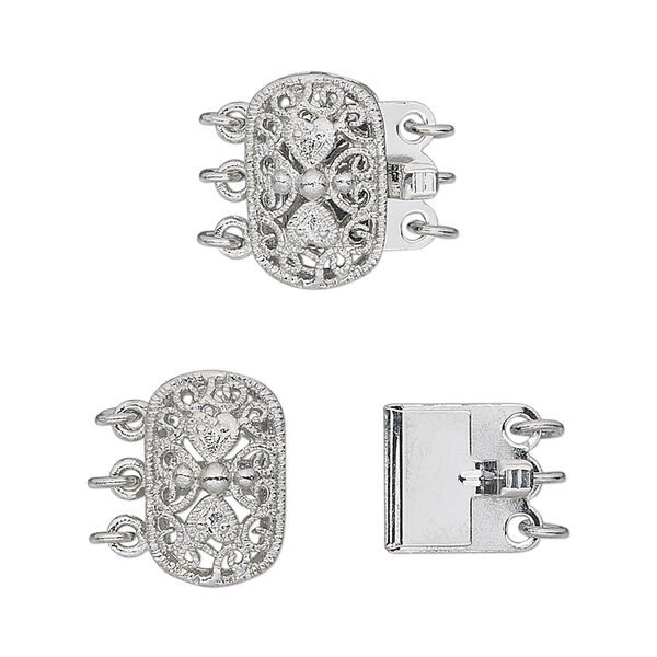 Clasp, 3-strand tab, antique silver-plated brass, 15x9mm filigree oval. Sold per pkg of 4. image number 0
