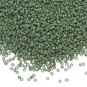 Seed bead, Miyuki, glass, pkg/250g, #15 rocaille, opaque matte rainbow basil green, (RR-4700).