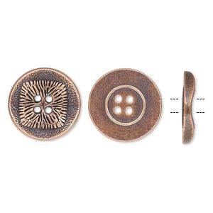 Button, antiqued copper-finished "pewter" (zinc-based alloy), 21mm single-sided wavy flat round with textured square design. Sold per pkg of 20.