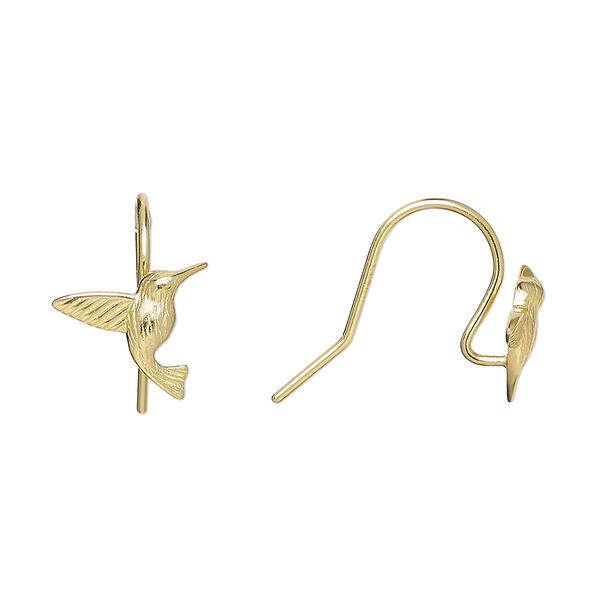 Ear wire, Amoracast®, satin-finished "vermeil" (gold-finished sterling silver), 13mm fishhook with right and left facing hummingbirds and open loop, 20 gauge. Sold per pair. image number 0