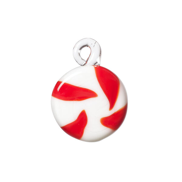 Drop, lampworked glass, red and white, 20mm 3D peppermint candy. Sold individually. image number 0