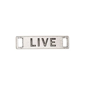 Link, antique silver-finished "pewter" (zinc-based alloy), 27.5x6.5mm single-sided curved flat rectangle with "LIVE." Sold per pkg of 2.