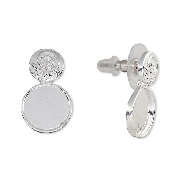 Earstud, Almost Instant Jewelry®, silver-plated brass / steel / "pewter" (zinc-based alloy), 21mm with swirl and leaf design with SS48 setting. Sold per pair. image number 0